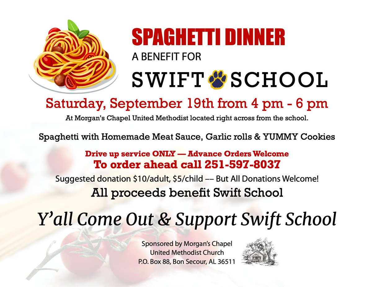 SBaldwinChamber's tweet photo. News Release: Swift School Fundraiser Sponsored by Morgan's Chapel United Methodist #BonSecour SEPT 19 #Spaghetti #YUM
https://t.co/2yWyZVP4HT https://t.co/ePdBDJ2LaR