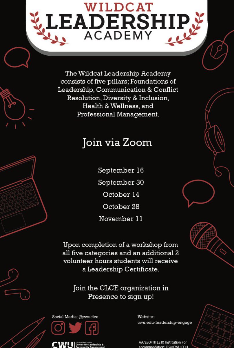 cwuSLICE's tweet photo. Hey wildcats! If you’re looking to get involved and want to strengthen your leadership skills join us tomorrow for the FIRST Wildcat Leadership Academy of the quarter! The student speaker Cyan Fuehr will be presenting her workshop “A Healthier You” https://t.co/XYsrBOiWMy