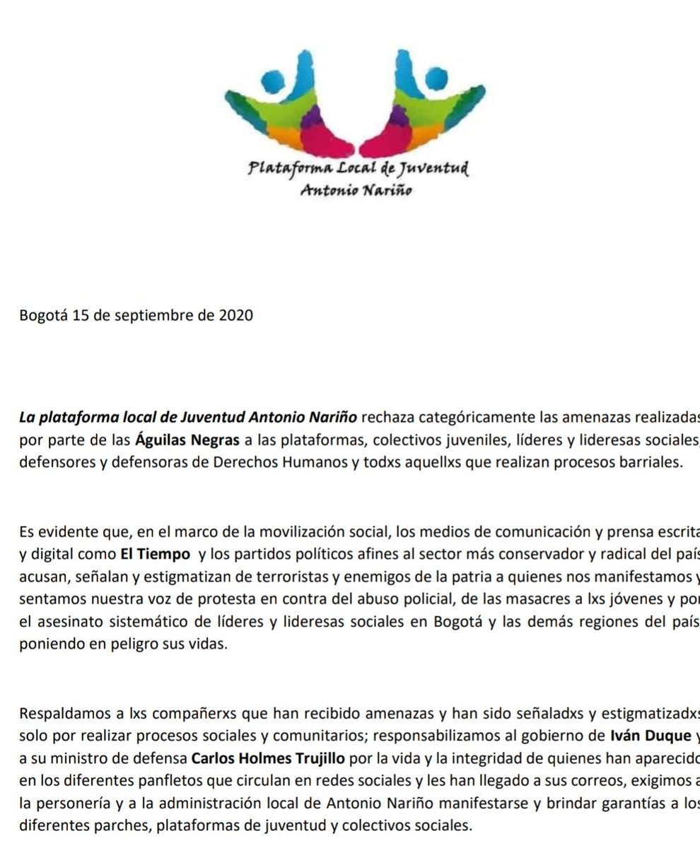 juventud_an's tweet photo. Comunicado oficial de la Plataforma Local de juventud de Antonio Nariño sobre la actual situación.
Responsabilizamos a @IvanDuque y a @CarlosHolmesTru por nuestra seguridad
#exigimosgarantias
#queserjovennonoscuestelavida
@AtiQuigua
@ClaudiaLopez
@integracionbta
@BogotaParticipa https://t.co/0SfxPHKuGN