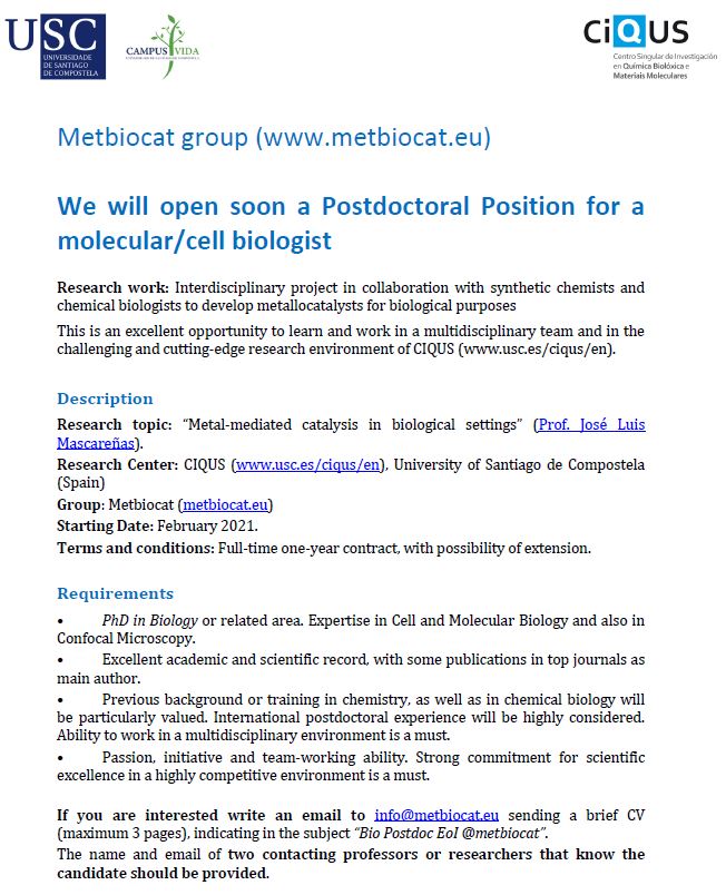 MetBioCat's tweet image. We have extended the deadline for the PhD in Biology (or a related area) call.

Interested in working on an interdisciplinar enviroment committed to excelence in science... join us, @ciqususc

See further details at metbiocat.eu/opportunities