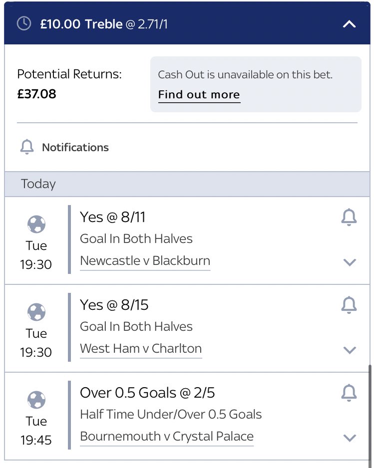 A lower odds treble for you 👨🍳
A goal in both halves:
Newcastle vs Blackburn
West Ham vs Charlton
Over 0.5 First Half Goals:
Bournemouth vs Palace
£10 returns a tidy £37 https://t.co/wmTMpkwO4h