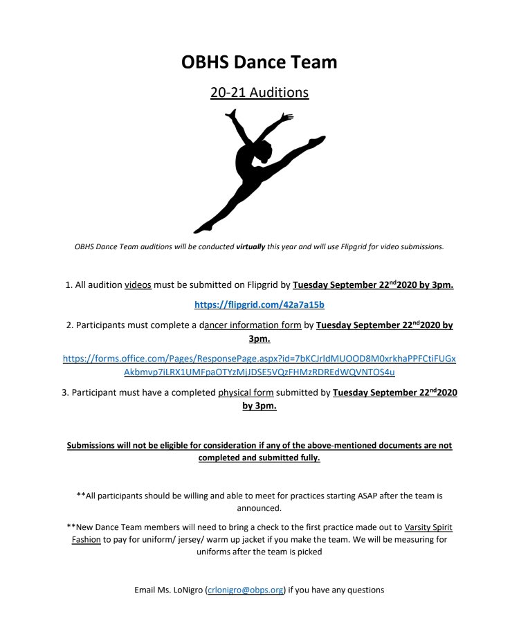 OBHS Dance Team Virtual Audition Information: flipgrid.com/42a7a15b