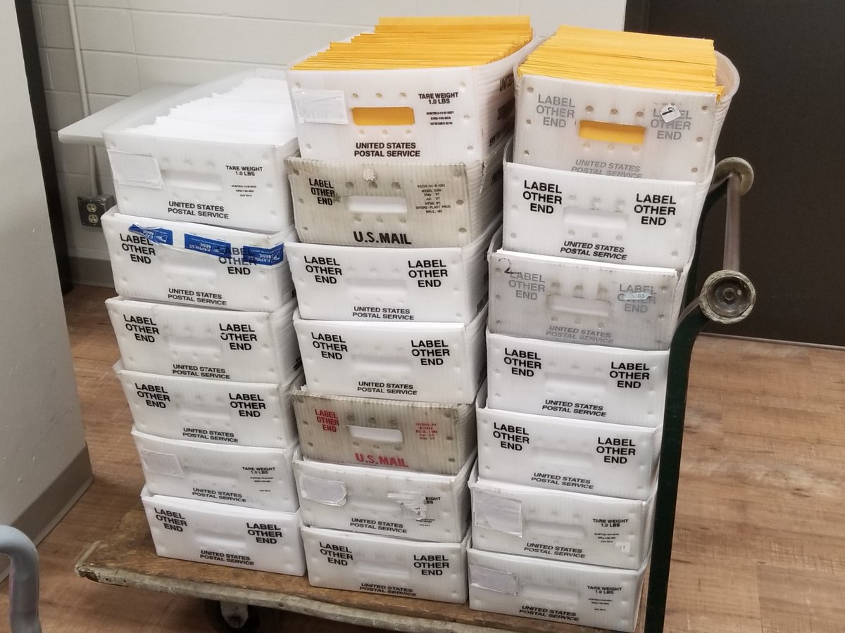 MadisonWIClerk's tweet image. 📩Stuffed:✔️
🦭 Sealed: ✔️
📬Stamped: ✔️
📨Delivered: 🔜

This is probably about 5% of the ballots to be sent out in the first batch, going into the mail today. Many more to follow. If you have requested your ballot, check the status at myvote.wi.gov/en-us/VoteAbse…. #MadisonVotes2020