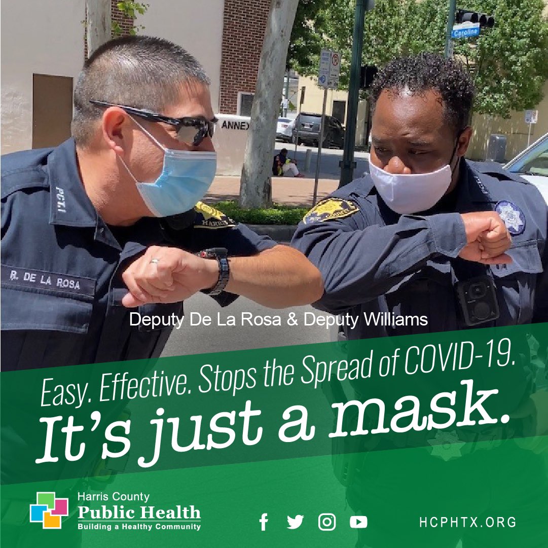 Pct1Constable's tweet photo. Precinct 1 Deputies De La Rosa & Williams encourage you to wear your mask and practice greeting each other safely. Bump elbows, give air-high-fives, or simply wave from a safe distance.
It’s easy + effective. #wearamask to help prevent #COVID19
#PCT1Community #PCT1Patrol https://t.co/bGpO9g1dOT