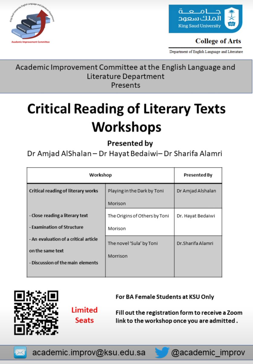 academic_improv's tweet photo. 🔻Are you interested in Toni Morrison? Do you enjoy reading literary texts critically? Then join us for the upcoming workshops held by the Academic Improvement Committee this semester. See flyer below for details, and visit link for additional info.
📚📚📚
https://t.co/BZQ94JgAnl https://t.co/gWqdN0HP5x