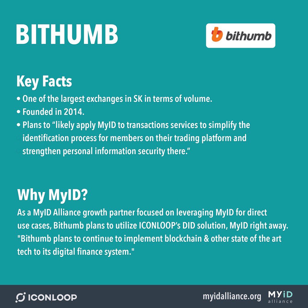 Bithumb - One of the largest cryptocurrency exchanges in SK. Plans to use MyID right away. A MyID Alliance growth partner.  #Crypto  #Blockchain  #ICONProject  #ICON  $ICX