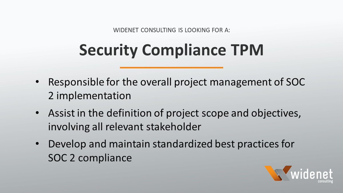 WideNetConsult's tweet photo. Our Client is looking for a Security Compliance TPM with expertise in SOC 2 implementation. For the full opportunity description, check out our Careers page: https://t.co/43lAeAIrs7

#SecurityCompliance #TechnicalProgramManager #SOC2 #WideNetConsulting https://t.co/dzBYF7hkjT