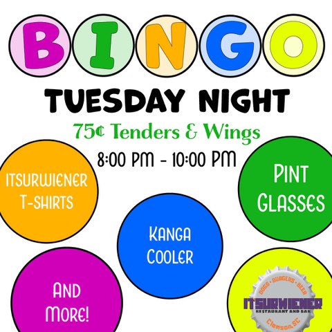 itsurwiener's tweet photo. It’s Bingo Time! This week’s prizes include a Kraken Rum Pool Float and a Kanga Cooler among others. Plus, 75 Cents Wings and Tenders! Starts at 8PM. https://t.co/WefaC2MtI3