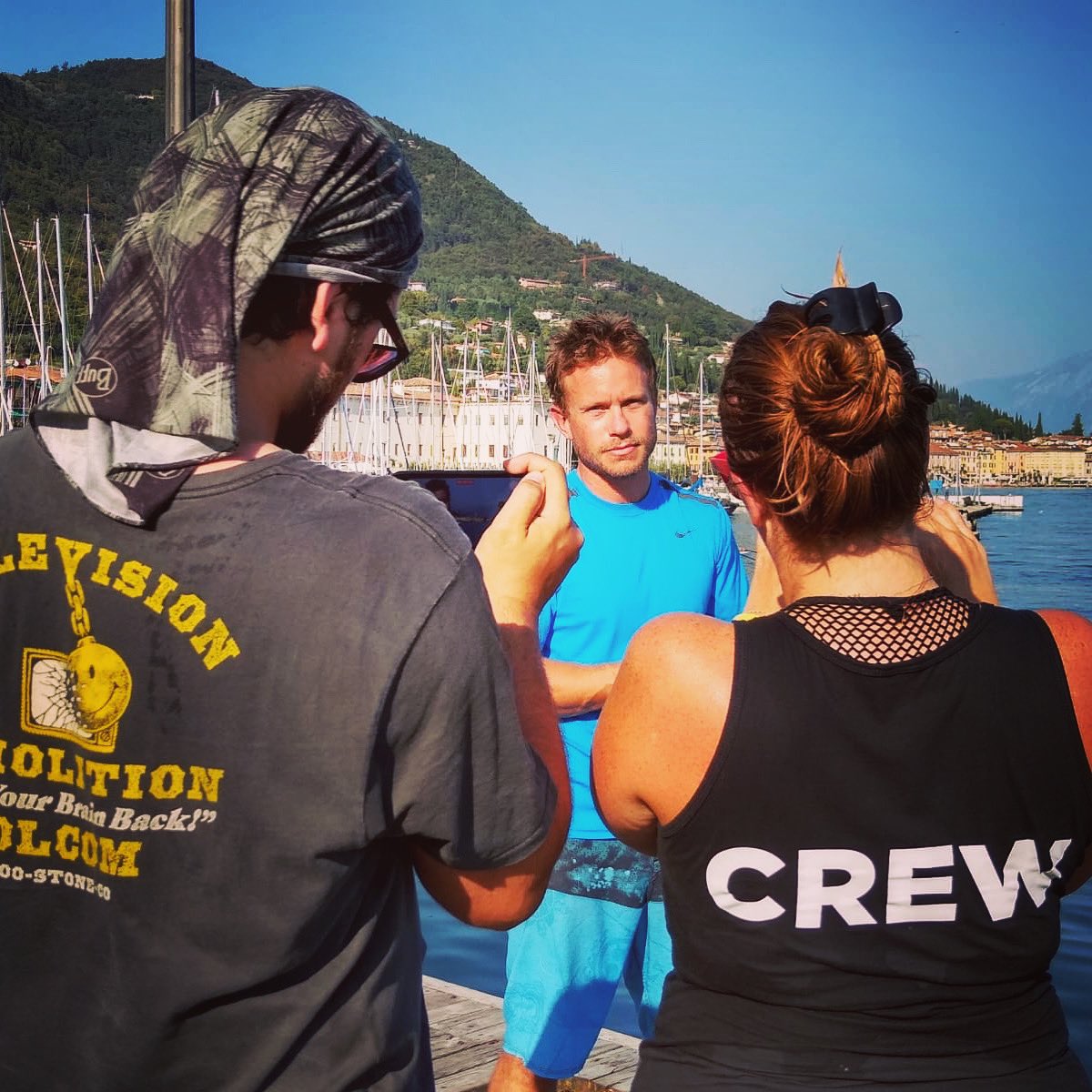 Today’s office #LakeGarda with @TomLetessier1 re the updates on the project he’s supervising, which we’ve been following around the world. #Conservation #Dronetech #MarineBiology #PHD #Italy #Italia #lagodigarda #Shoot #Interview #Filming