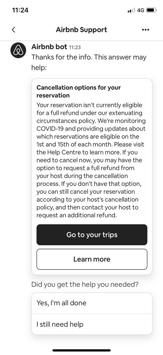 RhysHowells_1's tweet photo. @AirbnbHelp this suggests to me that it is up to the hosts to negotiate all refunds and not airbnb. Tried this approach with the hosts and was quickly shut down. #airbnb #airbnbhell https://t.co/VW3N2QA35q