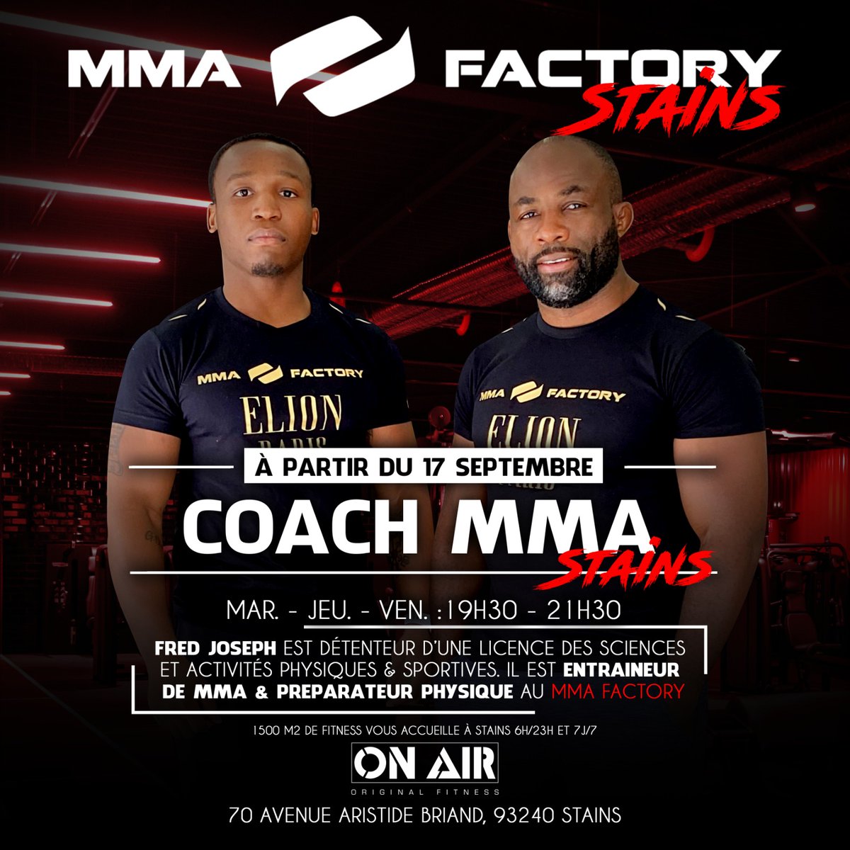 mmafactory_s's tweet photo. À partir du 17/09, #MMAFactoryStains ouvre ses portes! 📅

On vous présente Fred Joseph, qui officiera sur place en tant qu'entraineur de MMA &amp; Préparateur Physique. Détenteur d'une licence des sciences et activités physiques et sportives, il sera le relais de @fernandlopez 👊 https://t.co/hZfXCPZJpI