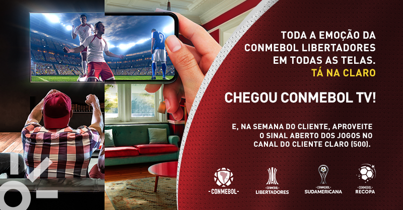 ClaroBrasil's tweet photo. A cobertura completa da CONMEBOL Libertadores tá na Claro ❤️⚽ E nessa semana do cliente, tem sinal aberto no Canal 500 com transmissão dos jogos, além da programação da CONMEBOL TV. Acompanhe seu time em qualquer tela pelo app do NOW! Conta pra gente:pra quem vai sua torcida? 🏆 https://t.co/l2tVIOtAq6
