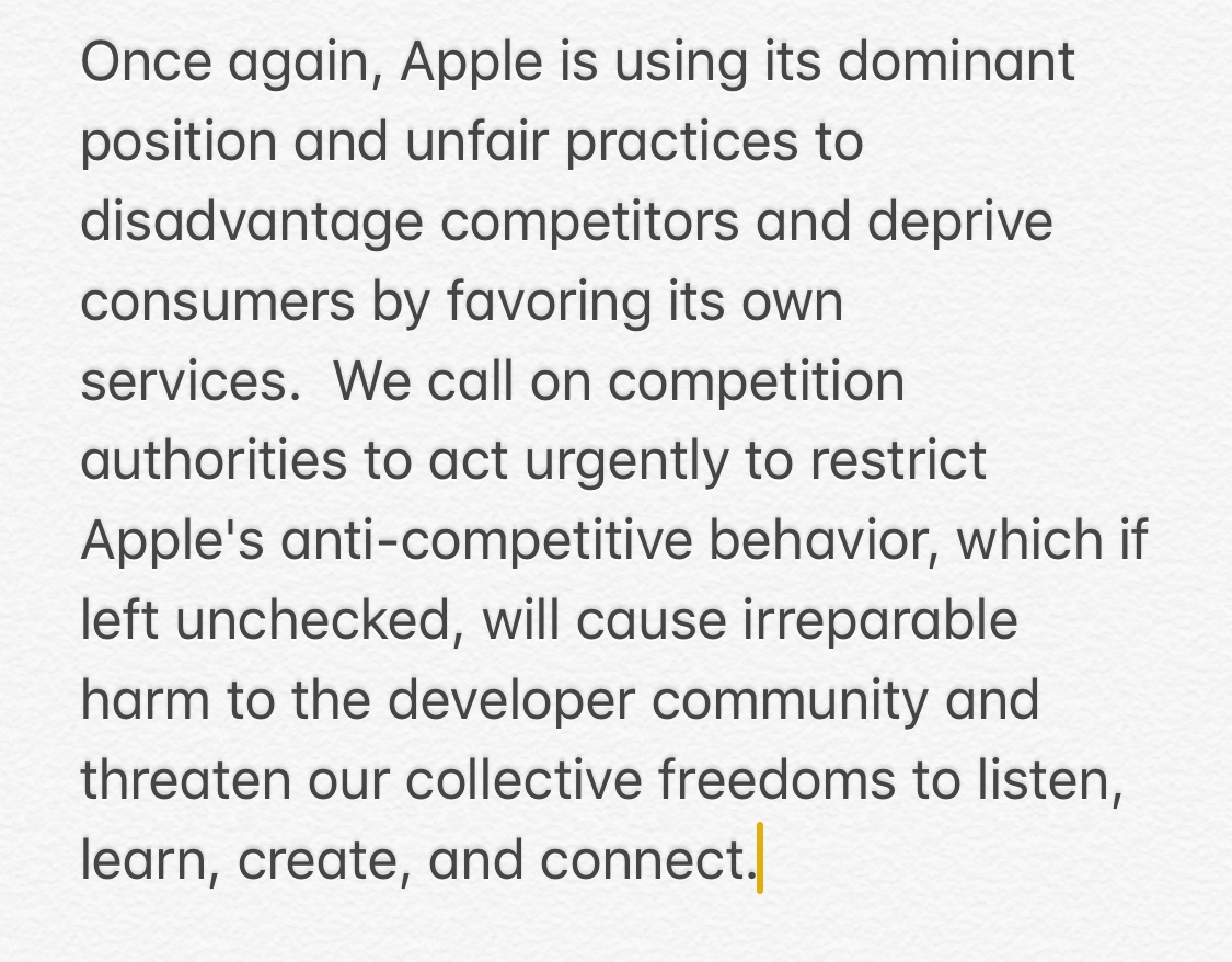 Spotify, via PR, says Apple bundle that combines music with other services helps make Spotify’s antitrust case, and “threatens our collective freedoms to listen, learn, create, and connect."