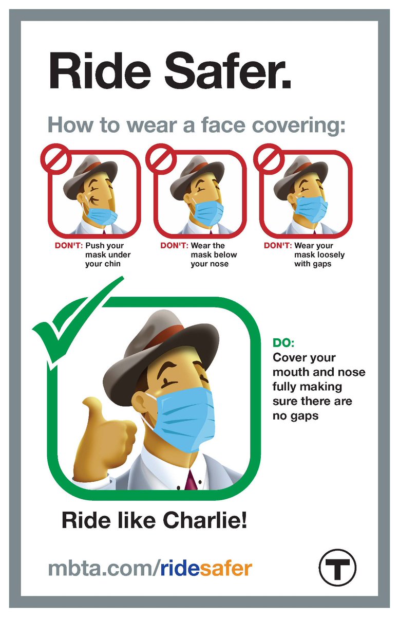  Continue wearing a mask and make sure you're wearing it properly to keep others safe when you ride.  Your mouth AND nose should stay covered throughout your trip, especially when on the train.  #MaskUpMA