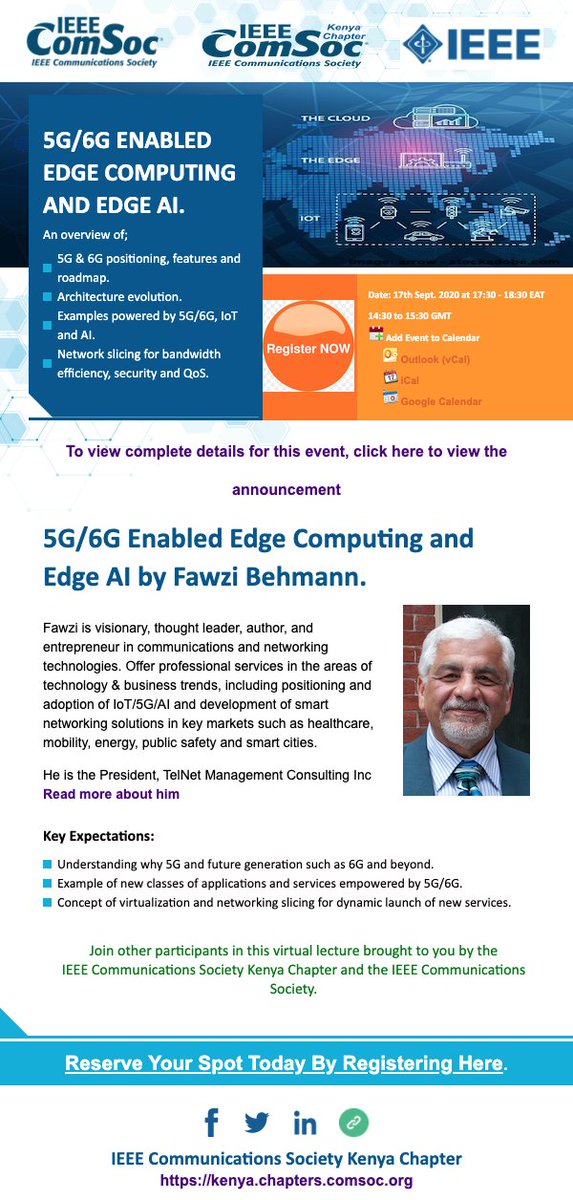 IEEEKenyaComSoc's tweet image. Join other participants in this virtual lecture brought to you by IEEE ComSoc Kenya Chapter and the IEEE Communications Society on
Thursday, 17th Sept. 2020 at 1730-1830EAT or 1430-1530GMT
Event Details: events.vtools.ieee.org/m/239802
Register free for the event: events.vtools.ieee.org/event/register…