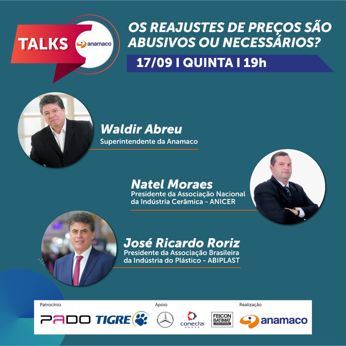anamaco's tweet photo. Nesta quinta (17) às 19h pelo YouTube, será exibido o Talks Anamaco intitulado: Os reajustes de preços são abusivos ou necessários? Participam: José Ricardo Roriz e Natel Moraes. #anamaco #talksanamaco #novonormal #varejo #tigre #pado #fechaduras #cadeados #live @abiplast https://t.co/RTiOvTI2Dd