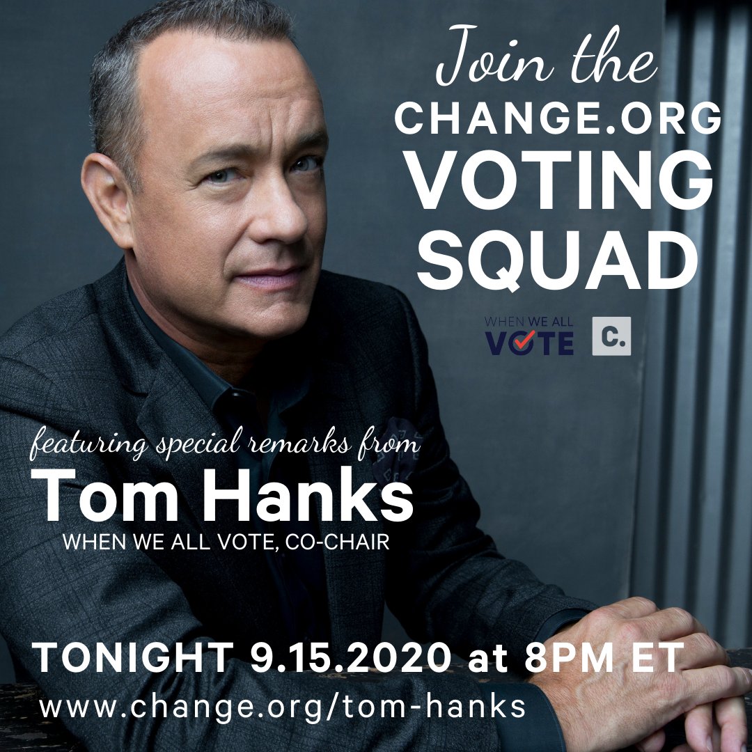 Join the https://t.co/ncqnFwPAMH Voting Squad. Kickoff event starts at 8pm ET tonight with special remarks from Tom Hanks, When We All Vote Co-Chair. #election #vote #election2020 #ivoted Register here --> https://t.co/7HdNiqOCkV https://t.co/Mj1gqn0CRR