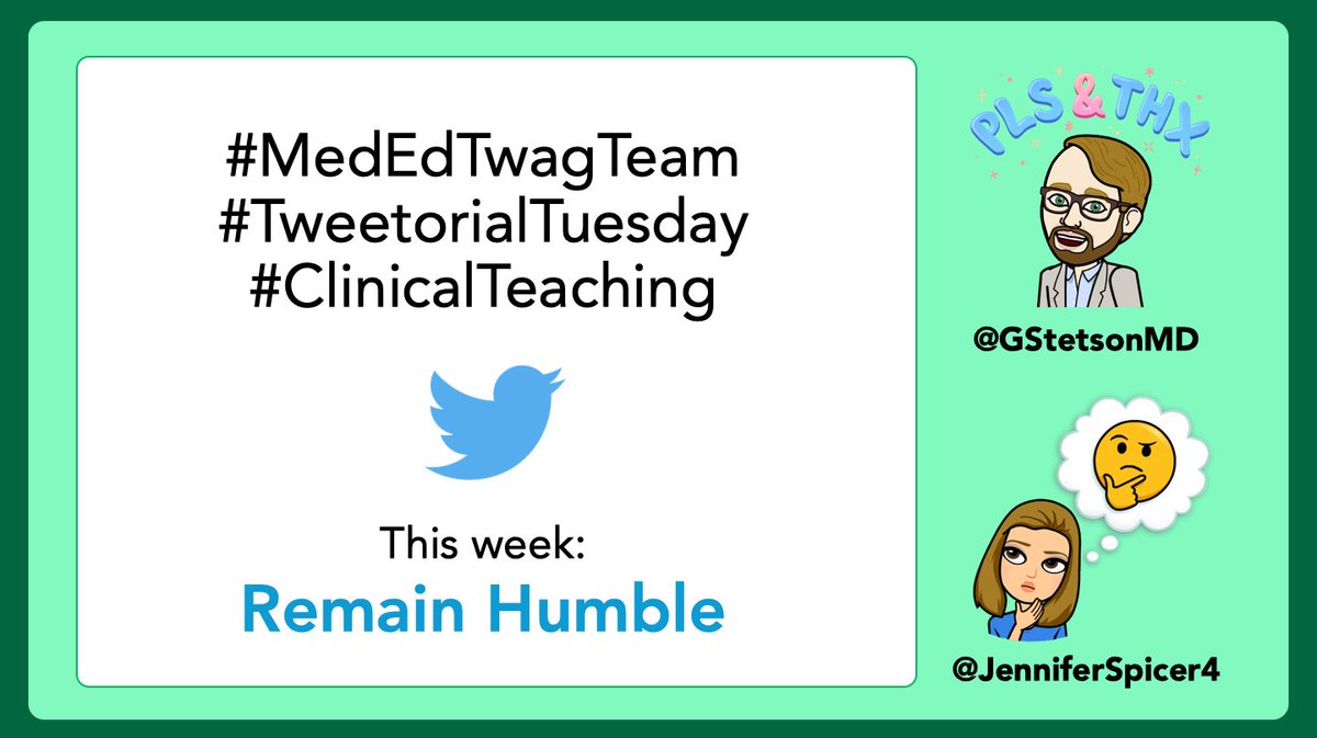 1/ Have you ever a junior member of your team ask you a question, and you had NO IDEA what the answer was?Like, literally no clue.Racking your brain.Nothing.Nope, just me? This week’s  #MedEdTwagTeam  #ClinicalTeaching topic: Humility. #MedTwitter  #MedEd