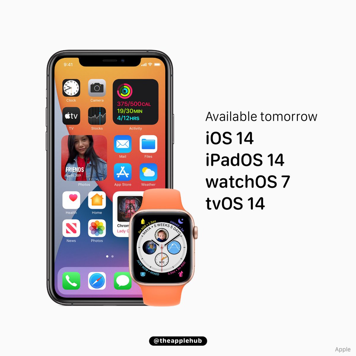 theapplehub's tweet photo. iOS 14 and other software available tomorrow on supported devices #AppleEvent https://t.co/CJE3PQyk2A