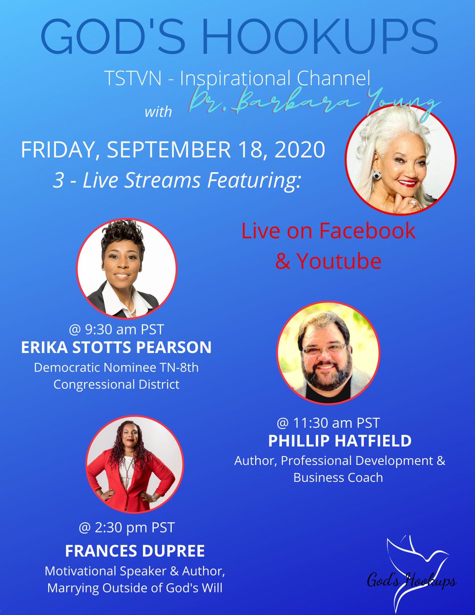 PearsonCongress's tweet photo. Join Erika Stotts Pearson on God's Hookup with Dr. Barbara Young this Friday @ 11:30 am on Facebook Live and YouTube.
Catch the Live YouTube video via drbarbararadio@gmail.com
#BlackWomenLead
#ErikaStottsPearson4Congress
#CatchtheBlueWave
#Vote2020 https://t.co/X5KzjnyK4g