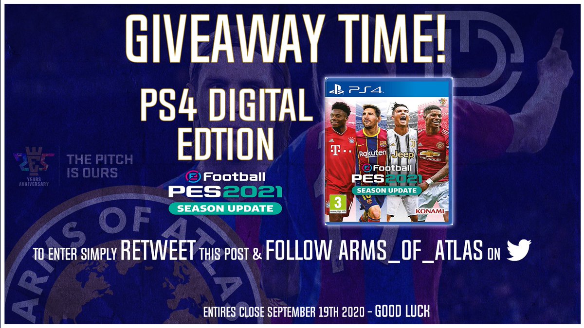 Waiting to see what others say? Didn't pre order? 

I'm giving away 1x EU PS4 #eFootballPES2021SeasonUpdate to welcome the launch! 

SIMPLY. FOLLOW. LIKE. RETWEET.  👌

I'll draw the winner on Saturdays stream here ⤵️ Twitch.TV/ArmsOfAtlas

Good luck, have fun!
💪🌍