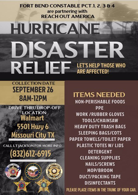 Join our Constables on September 26th at the Missouri City Walmart as we collect food and supplies in support of our neighbors in Louisiana.  Mark your calendars.  See you there.