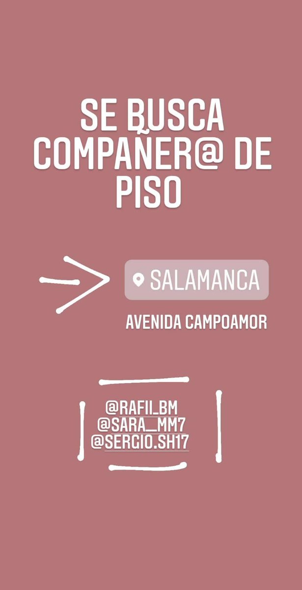 Se busca compañer@ de piso para el curso 2020/21 en Salamanca
Avenida campoamor.
Cerca de la facultad de educación.
Piso muy bien amueblado y económico.
Se agradece difusión❤️.
Más información al MD. 😊
#queydondeestudiar2020
#queydondeestudiar20