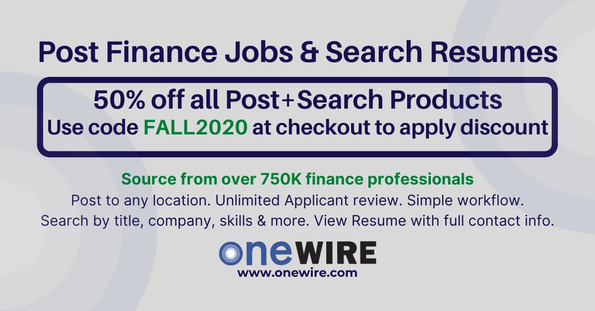 OneWiretweets's tweet photo. #Recruit now - get 50% off #finance job postings & resume search. https://t.co/1KizU748MH #hiring #financerecruiting #recruiting #jobpostings #resumesearch https://t.co/MXwlHTlgTr