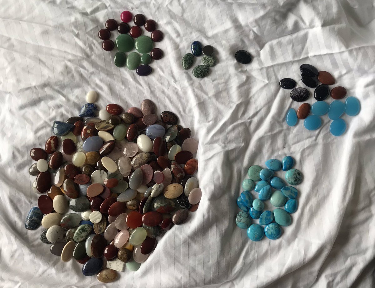 I’ve sorted the cabochons into a few categories:- Real stones- Dyed agates- Composites- Fake turquoise / dyed howlite- Completely artificial