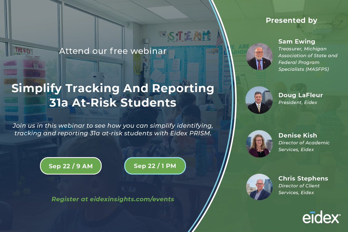 Identifying, tracking, and reporting at-risk students can be herculean tasks for #MISchools.

eidexinsights.com/events

Join our 31a webinar to see how Eidex PRISM can help you streamline these processes with a prepopulated student list, robust filters, and intuitive reports.