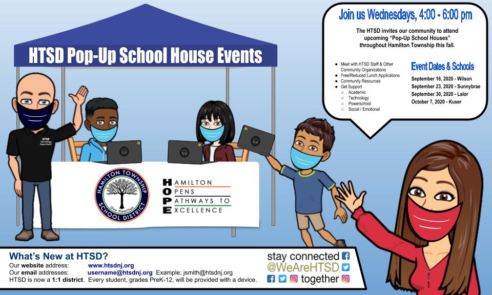 REMINDER: Please LIKE &amp; RETWEET
Wed., Sep. 16th, 4 - 6pm

Food Distribution &amp; Pop-Up School House tomorrow! 

<a href="/HTSD_Wilson/">Wilson Elementary School</a> will host our 1st district-wide Pop-Up School House Event. All grades welcome!

<a href="/ScottRRocco/">Scott Rocco, Ed.D.</a> <a href="/HTSDSecondary/">Jim Altobello</a> <a href="/HTSD_Tech/">HTSD Technology Department</a> <a href="/HamiltonTwpNJ/">Hamilton Township NJ</a>  
#HTSD #OneHamilton