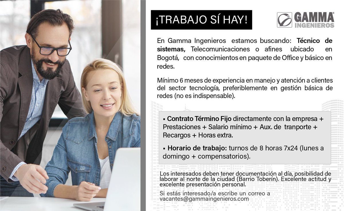 GammaIngenieros's tweet photo. Estamos buscando técnicos, ingenieros y profesionales que hagan parte de nuestro equipo en la ciudad de Bogotá ¡Postúlate aquí ► https://t.co/zsqFH5mQfy! o al correo vacantes@gammaingenieros.com.

#trabajosihay #vacantesti #empleosti https://t.co/Wb8qHmy9tT