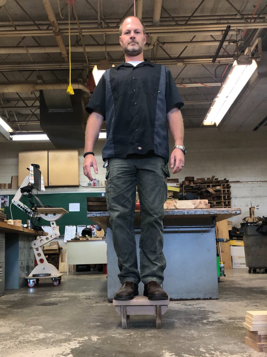 Ellingsen_Tech's tweet photo. #gchs_mre_tech.  Woodworking 1 students create cardboard step stools during remote learning as one of their projects.  Now the strength test...  #d127getsreal. @Ellingsen_Tech https://t.co/AptFXG9INy
