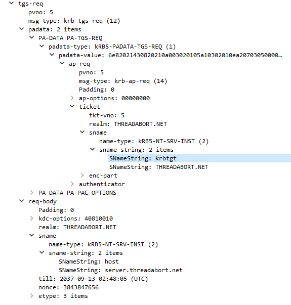 The TGS-REQ is almost identical to the AS-REQ. In fact the message structure is identical. The difference is that we include a special thing called pre-auth data, which is that encrypted ticket (plus goo, we'll get into it).