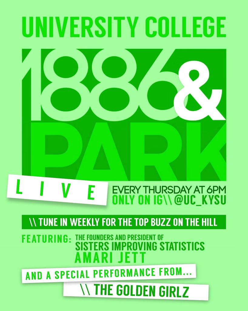uc_kysu's tweet photo. 🗣1886 AND PARK...Tune In THIS THURSDAY Featuring @Kysu_SIS and The Golden Girlz✨Stay Connected Weekly With Your Favorite Bred Leaders and UC Student Workers‼️🔌 #UCBredBuzz #BredsConnect #1886ANDPARK #KSUForward #WeAreThoro #BredsDoItBetter #TogetherBREDS #OnlyAtUC #OnlyOnIG https://t.co/zFLoJRU7ey