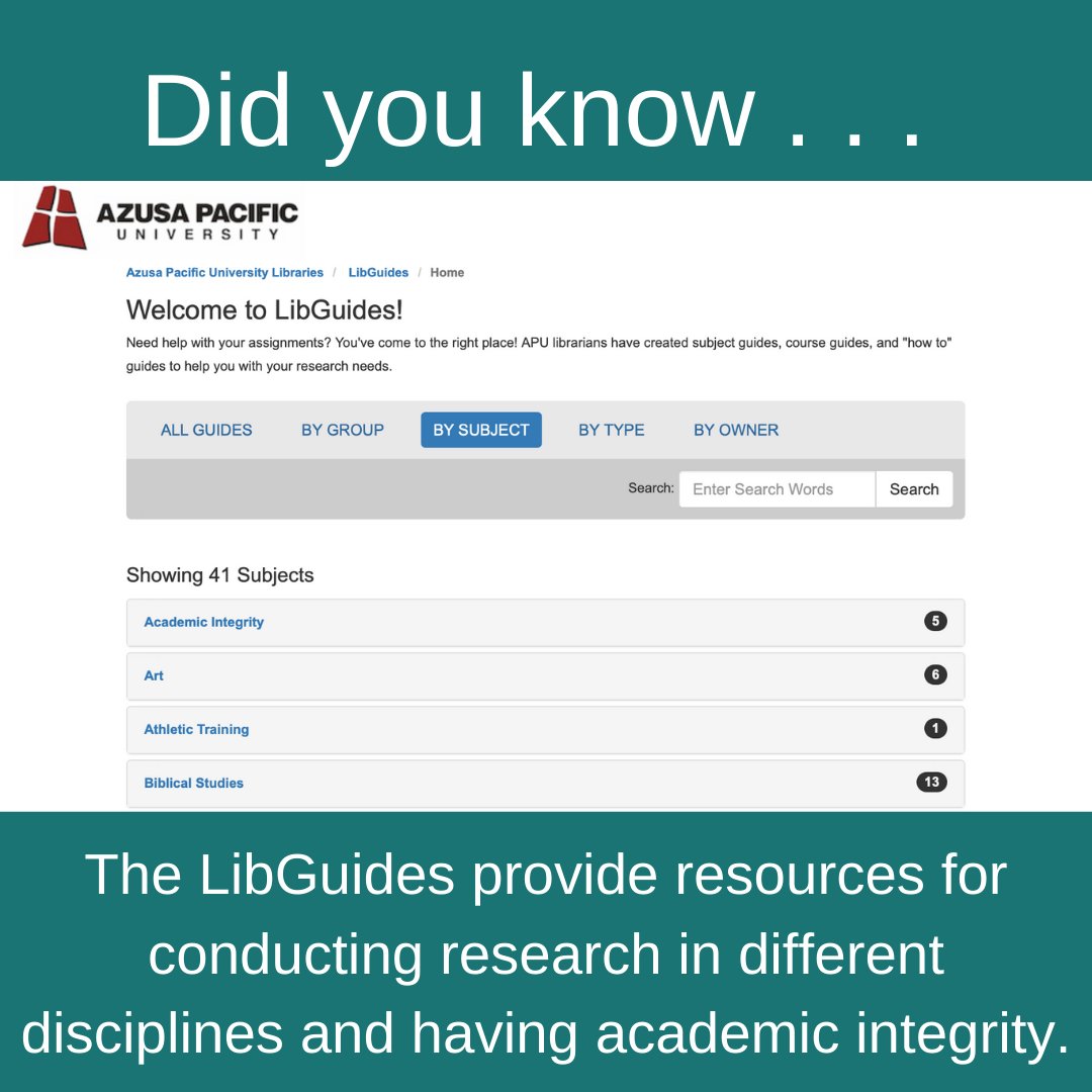 APUWriting's tweet photo. Did you know that the library has lib guides available to support student researchers through different aspects of the research process? Look up guides by your discipline or by topic! #TWCthere4me #UniversityLibraries https://t.co/du6ChGImgf