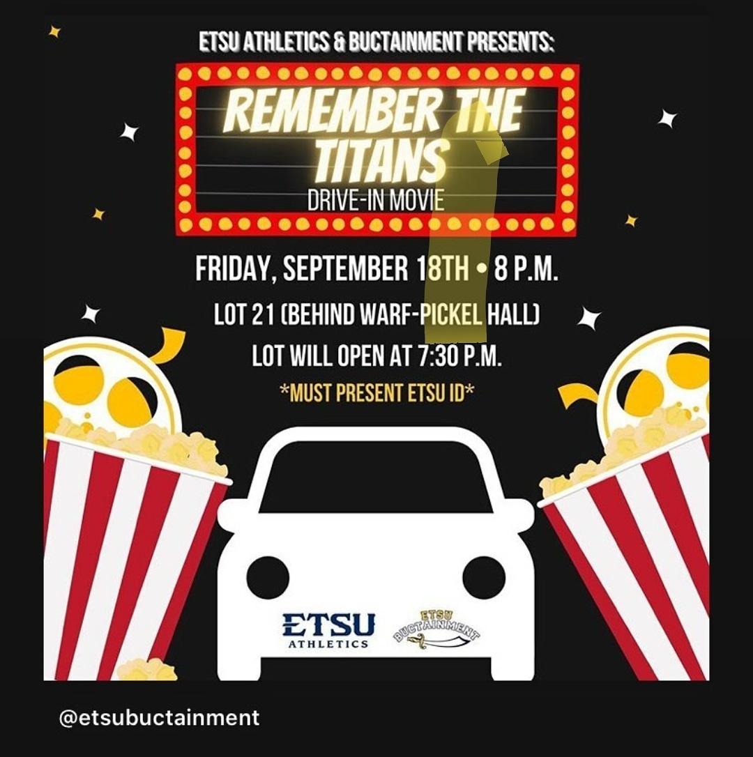 ETSUActivities's tweet photo. We can't wait for our next drive-in movie event with @buctainment this Friday with Remember the Titans! Lot opens at 7:30 pm, and 1 valid ETSU ID per vehicle is required! https://t.co/EQwGQaVgEZ