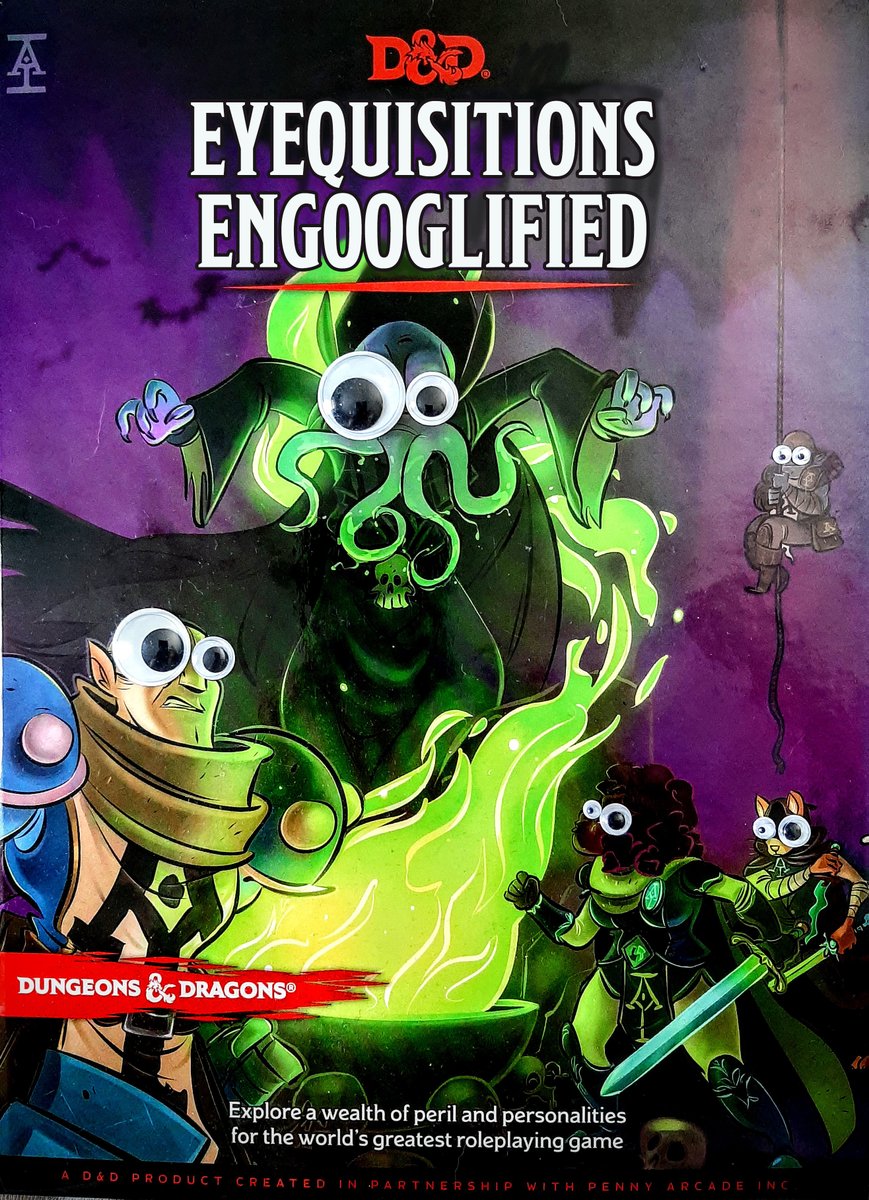 DysonLogos's tweet photo. EYEQUISITIONS ENGOOGLIFIED!
Since I was hacking the title of the Starter Set, I figured I should also redo my googly-eyed version of the Acquisitions Incorporated book.
#GooglyRPG
#GooglyDnD https://t.co/6kuLv1AtGx