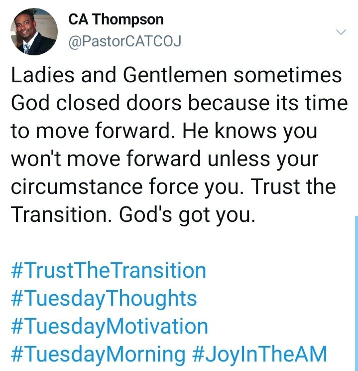 CityOfJoyGM's tweet photo. If u missed @PastorCATCOJ #JoyInTheAM this morning be sure to give him a follow, retweet and share! Morning #InspirationalQuotes every #TuesdayMorning and #ThursdayMorning for #motivational
And #inspirational purposes only! #TuesdayTip https://t.co/AG4kuFq0Ub