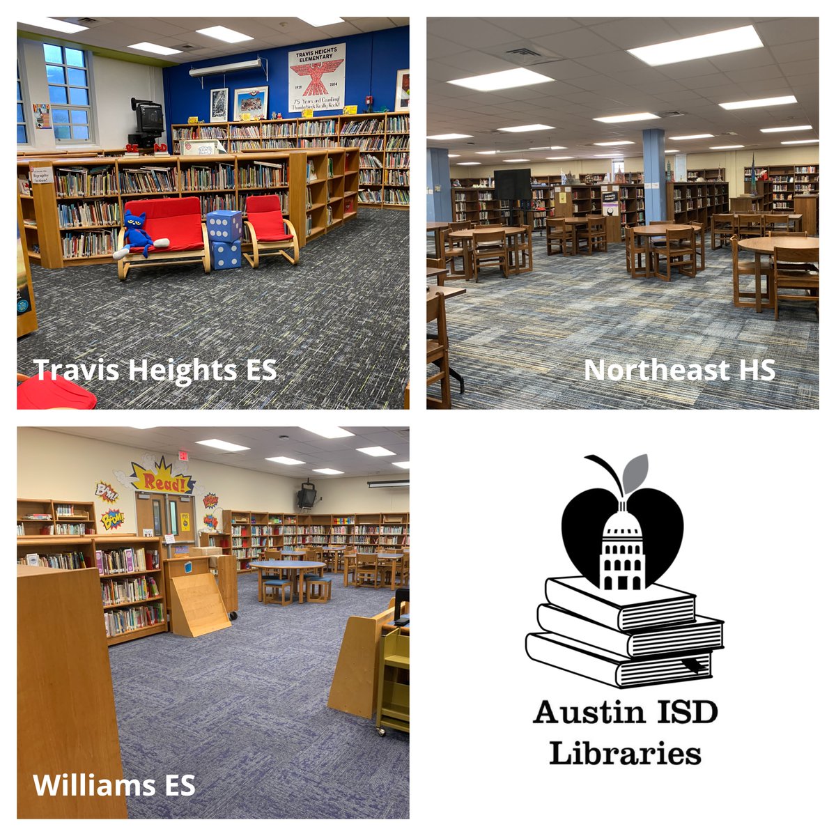 AustinISDLibs's tweet photo. Thank you to @AustinISD_CMD & all the help along the way to complete these summer library renovation projects! We hope the campuses will enjoy these new spaces for years to come! @DarylFlood @MSL_Austin #LibraryMediaServices #Summer2020Projects #12LibrariesComplete https://t.co/NAKWx5HpQB