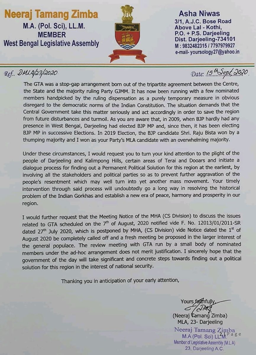 NeerajZimba's tweet photo. Today I wrote to the Hon'ble Home Minister @AmitShah Ji requesting him to #Open_Dialogue for a #Permanent_Political_Solution for the #Gorkhas. https://t.co/ebp9bI4f3y