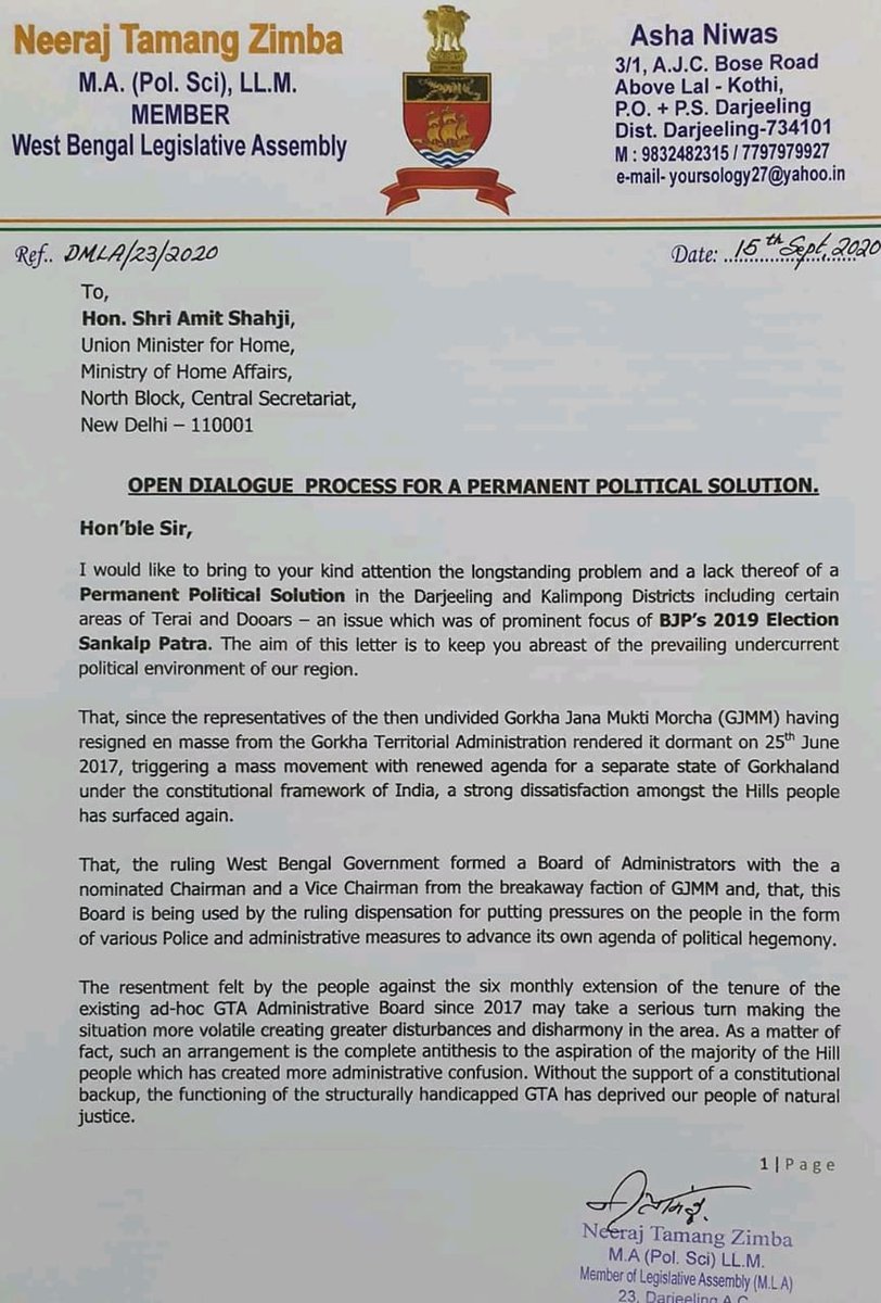 NeerajZimba's tweet photo. Today I wrote to the Hon'ble Home Minister @AmitShah Ji requesting him to #Open_Dialogue for a #Permanent_Political_Solution for the #Gorkhas. https://t.co/ebp9bI4f3y