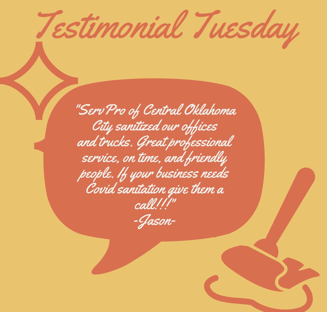 SPcentral_okc's tweet image. Testimonial Tuesday! This satisfied customer was Certified: SERVPRO Cleaned!