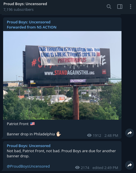 Yesterday the fascist Proud Boys hate group promoted content from an overt neo-Nazi telegram channel to their 72K followers, and celebrated an action by the white nationalist "Patriot Front" organization.  https://twitter.com/search?q=from%3Arosecityantifa%20%22patriot%20front%22&src=typed_query  https://en.wikipedia.org/wiki/Patriot_Front  https://twitter.com/RoseCityAntifa/status/1305218787000553472