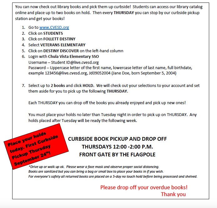 We are so excited to announce that our  Veterans Elementary Curbside Library is up and running. Swipe left for details, check your email, or veteransheroesblog.org!😁♥️📚