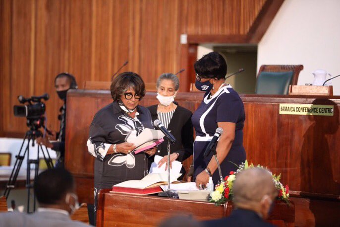 honbrogadjm's tweet photo. A warm Parliamentary welcome and congratulations to the Speaker of the House, Marisa Dalrymple-Philibert, who was sworn in today at the Jamaica Conference Centre. #Mosthonbrogad https://t.co/Me5AIg0ESb