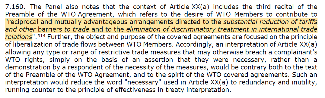 Indeed, the panel indicated that even considerations of public morals defenses had to be put in the context of the GATT’s preamble – which enshrines ongoing trade liberalization as the purpose of the agreement panelists are called upon to interpret.