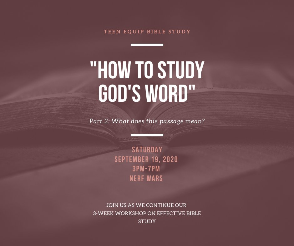 TeenEquip's tweet photo. I've been reading my Bible, but how do I determine what a passage means?
This is the focus of our Teen Bible study this week.
We will be looking at a passage of Scripture together, using tools of Bible interpretation to determine what it means.
JOIN US! 
https://t.co/2SajI05EHw https://t.co/rNYlrP72UM