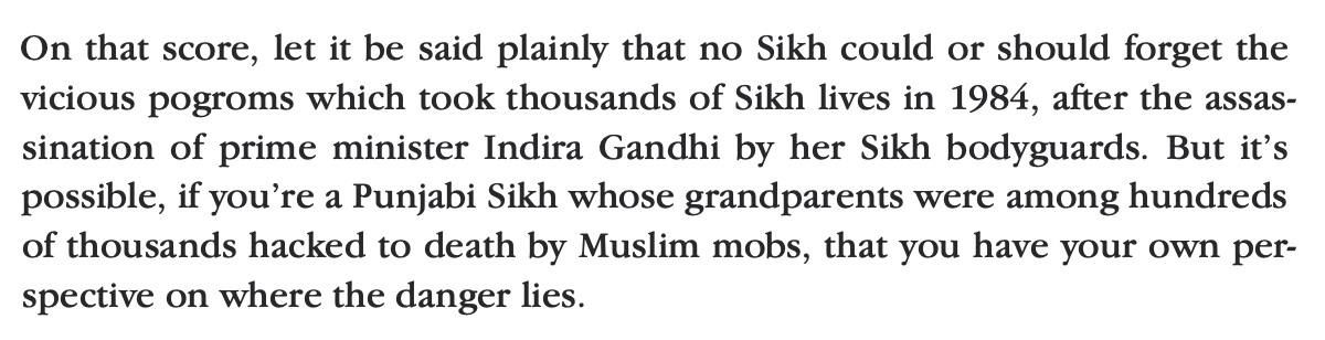 Interesting how the intro to Terry’s report claims that grievances by Sikhs against the Indian state apparatus are political theater to “seduce” politicians — yet claims that Punjabi Sikh remembrances of Muslim mobs in Partition are legitimate memory.  https://twitter.com/JaskaranSandhu_/status/1305633035988152325