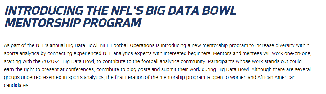 As part of this year's upcoming Big Data Bowl, NFL Football Operations is launching a mentorship program, aimed at improving diversity in sports analytics #BigDataBowl operations.nfl.com/the-game/big-d…